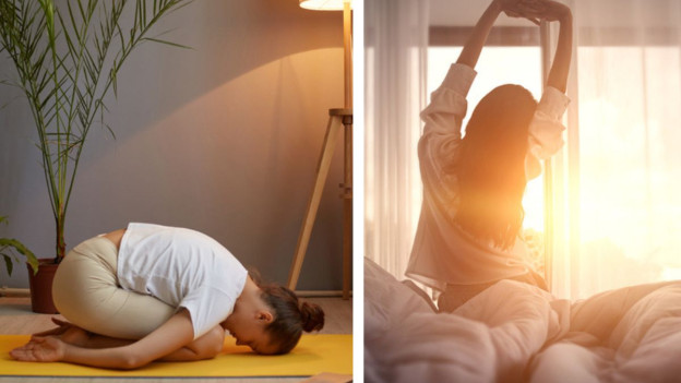 Mujer haciendo una de las 5 posturas de yoga para dormir bien, mujer levantándose con energía