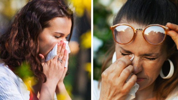 Mujer sonándose la nariz, mujer limpiando sus ojos para ilustrar qué es la fiebre del heno