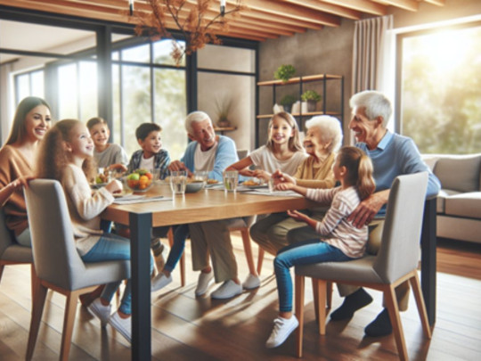 Ilustración de adultos mayores comiendo en mesa con niños para mostrar los beneficios de que adultos mayores convivan con niños