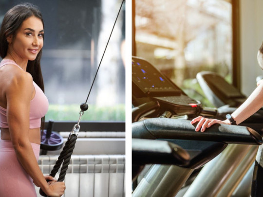 Mujer con sistema de poleas, mujer en caminadora muestran cuál es el mejor aparato de ejercicio que debes tener en casa