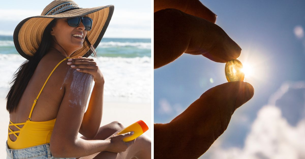 Mujer en la playa aplicándose bloqueador solar y pastilla de bloqueador solar oral.